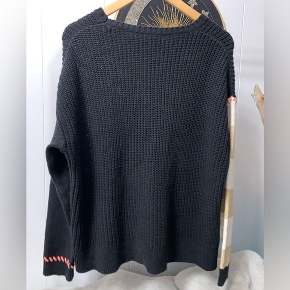 Lisa Todd Contrast Knit Stripe Sleeve Sweater Black Boxy Cotton Acrylic Ribbed - Picture 8 of 10